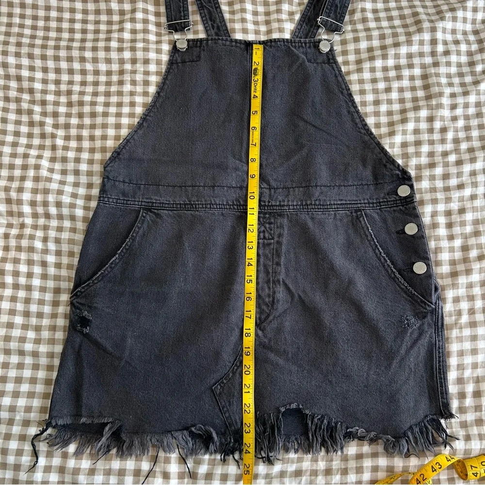 Free People Black Denim Distressed Hem Overall Mini Dress | Size 12 - Picture 10 of 10